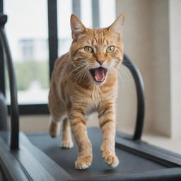 A ferocious-looking cat running on a treadmill