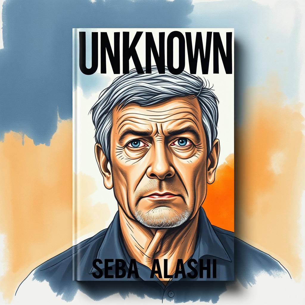 A large drawing of a man in his late 40s, whose face covers approximately 50% of the book cover, creating a dramatic focal point