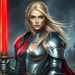 A striking blonde woman with stunning lavender eyes, adorned in shining medieval armor that glistens in the light