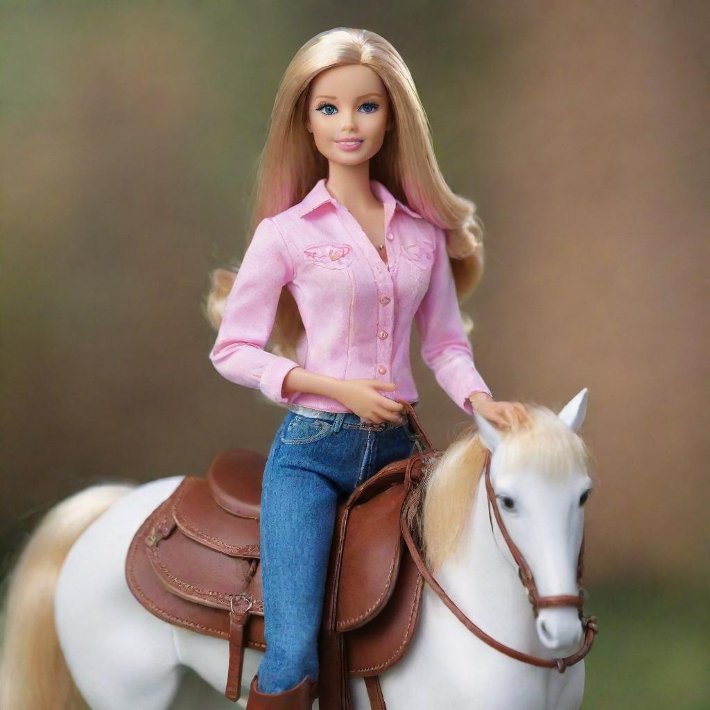 A lifelike Barbie doll realistically seated in a saddle