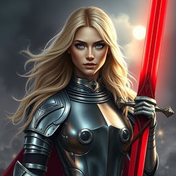 A striking blonde woman with stunning lavender eyes, adorned in shining medieval armor that glistens in the light
