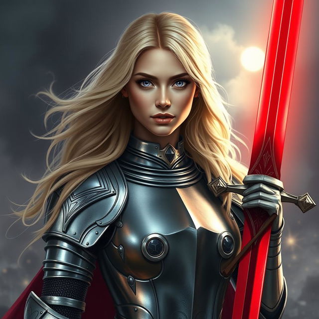 A striking blonde woman with stunning lavender eyes, adorned in shining medieval armor that glistens in the light