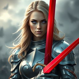 A striking blonde woman with stunning lavender eyes, adorned in shining medieval armor that glistens in the light