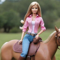 A lifelike Barbie doll realistically seated in a saddle