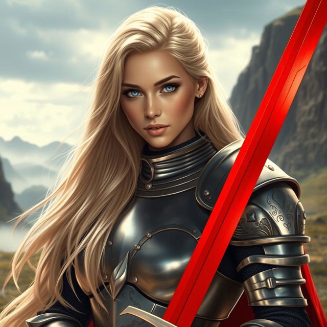 A captivating blonde woman with enchanting lavender eyes, clad in shining medieval armor that sparkles under the sunlight