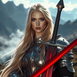 A captivating blonde woman with enchanting lavender eyes, clad in shining medieval armor that sparkles under the sunlight