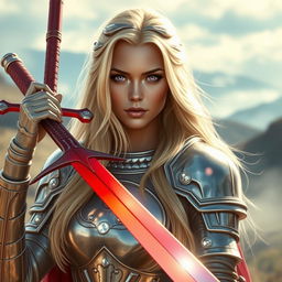 A captivating blonde woman with enchanting lavender eyes, clad in shining medieval armor that sparkles under the sunlight