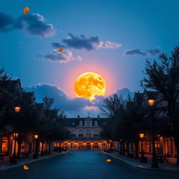 A beautiful scene of a pumpkin-colored moon rising above a vibrant blue plaza at twilight