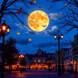 A beautiful scene of a pumpkin-colored moon rising above a vibrant blue plaza at twilight