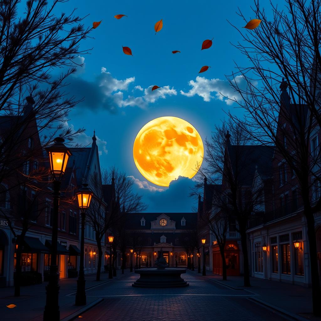 A beautiful scene of a pumpkin-colored moon rising above a vibrant blue plaza at twilight