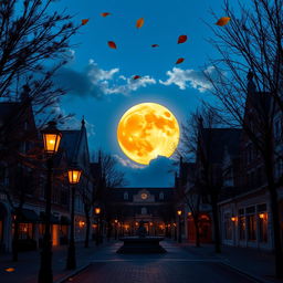 A beautiful scene of a pumpkin-colored moon rising above a vibrant blue plaza at twilight