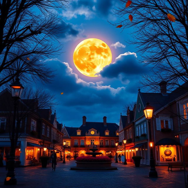 A beautiful scene of a pumpkin-colored moon rising above a vibrant blue plaza at twilight