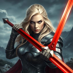 A fierce blonde woman with captivating lavender eyes, clad in polished, glimmering armor that radiates strength and valor