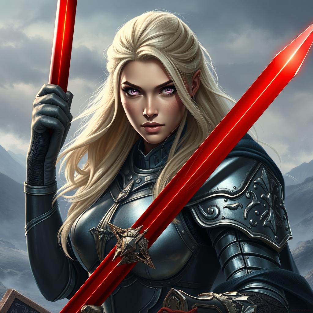 A fierce blonde woman with captivating lavender eyes, clad in polished, glimmering armor that radiates strength and valor