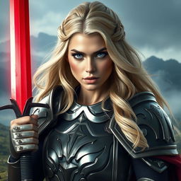 A fierce blonde woman with captivating lavender eyes, clad in polished, glimmering armor that radiates strength and valor