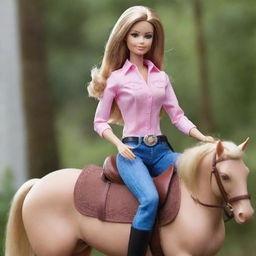 A lifelike Barbie doll realistically seated in a saddle