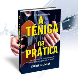 A visually striking e-book cover for 'A Técnica na Prática' by Kleber Oliveira, featuring a dynamic design that incorporates a close-up of a guitarist's hands skillfully playing a guitar