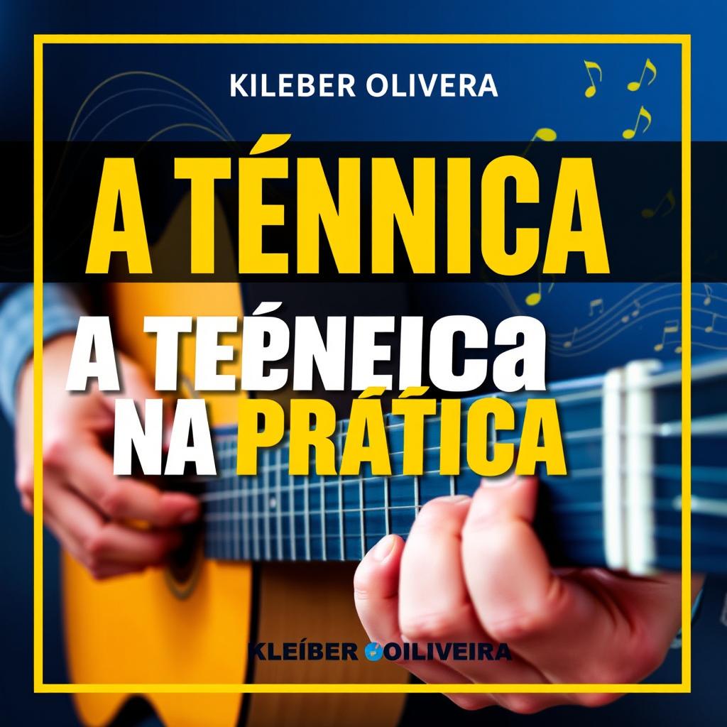 A visually striking e-book cover for 'A Técnica na Prática' by Kleber Oliveira, featuring a dynamic design that incorporates a close-up of a guitarist's hands skillfully playing a guitar