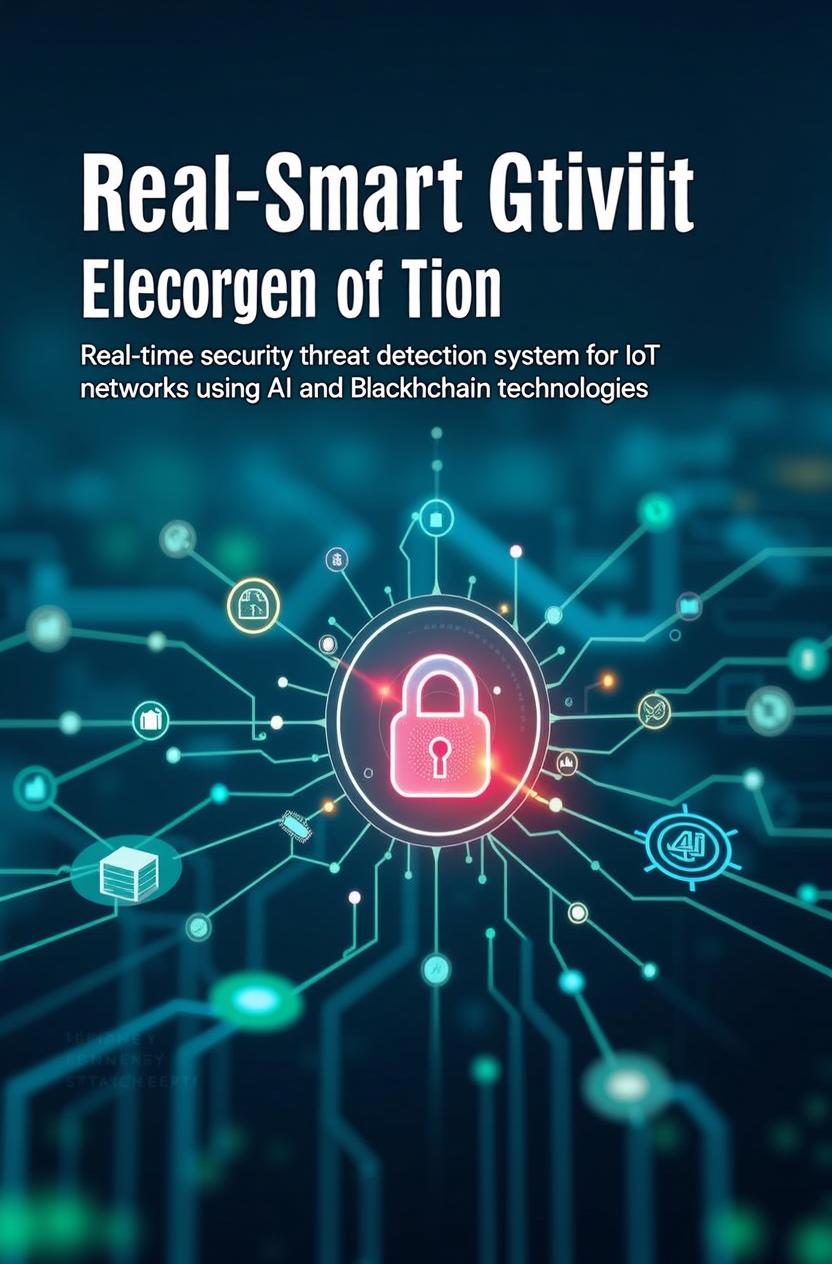 A modern and professional cover design for a project titled 'Real-time security threat detection system for IoT networks using AI and Blockchain technologies'