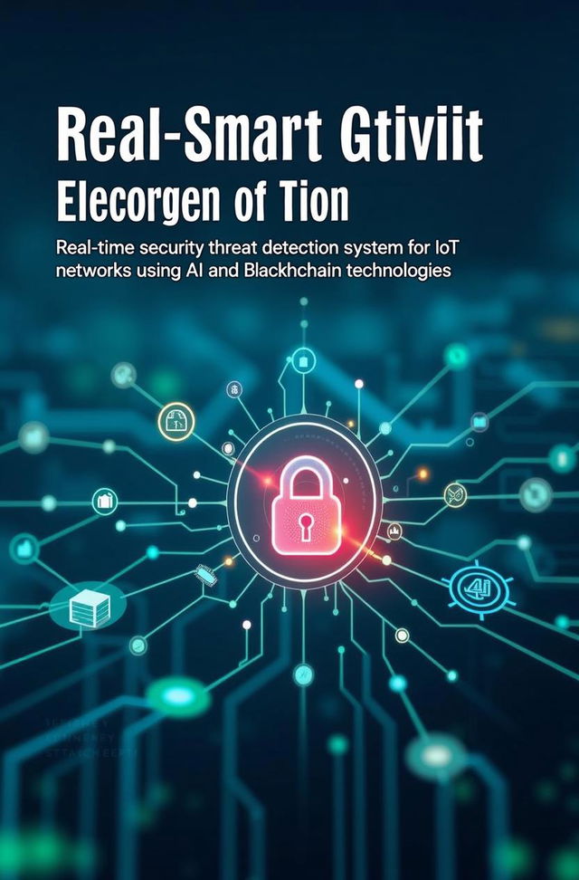 A modern and professional cover design for a project titled 'Real-time security threat detection system for IoT networks using AI and Blockchain technologies'