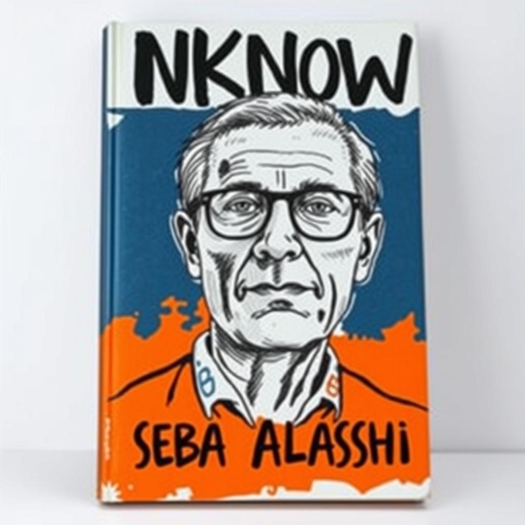 A large drawing of a man in his late 40s, wearing glasses, is featured prominently on the cover, with his face covering about 50% of the page