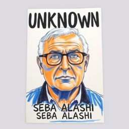 A large drawing of a man in his late 40s, wearing glasses, fills the cover, with his face covering about 50% of the layout
