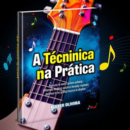 A captivating e-book cover for 'A Técnica na Prática' by Kleber Oliveira, showcasing an artistic representation of an electric guitar with vibrant colors