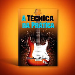 An engaging e-book cover for 'A Técnica na Prática' by Kleber Oliveira, featuring an artistic depiction of an electric guitar surrounded by a burst of musical notes and dynamic sound waves