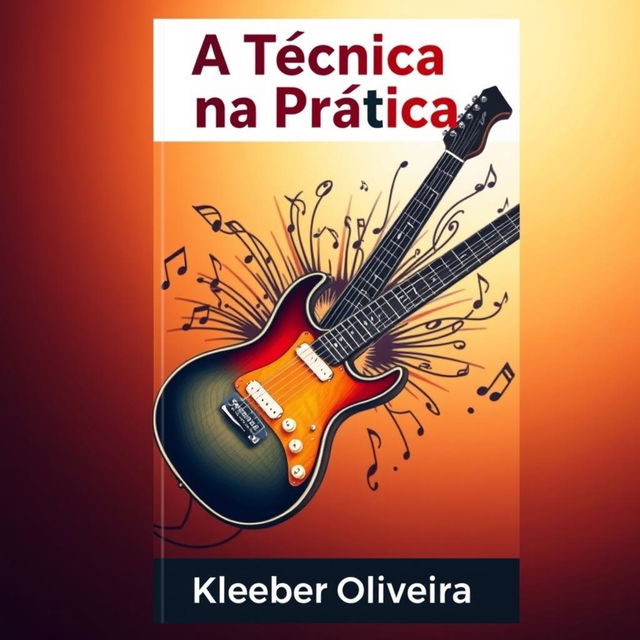 An engaging e-book cover for 'A Técnica na Prática' by Kleber Oliveira, featuring an artistic depiction of an electric guitar surrounded by a burst of musical notes and dynamic sound waves