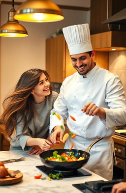 A warm and intimate scene in a cozy kitchen, featuring a chef with a charming smile and a confident stance, wearing a traditional white chef's uniform with a tall hat