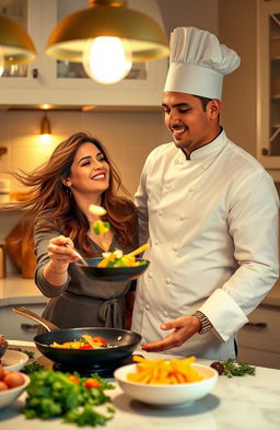 A warm and intimate scene in a cozy kitchen, featuring a chef with a charming smile and a confident stance, wearing a traditional white chef's uniform with a tall hat