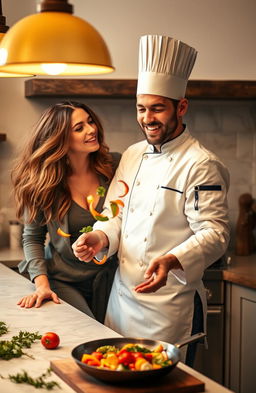 A warm and intimate scene in a cozy kitchen, featuring a chef with a charming smile and a confident stance, wearing a traditional white chef's uniform with a tall hat