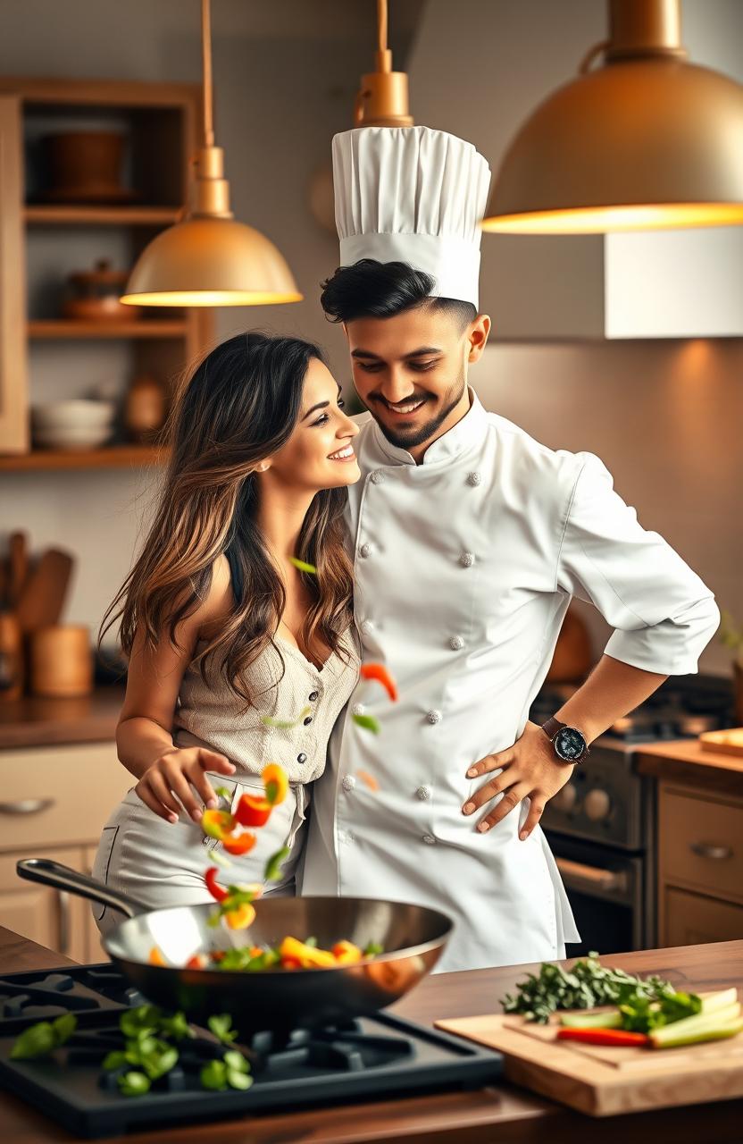 A warm and intimate scene in a cozy kitchen, featuring a chef with a charming smile and a confident stance, wearing a traditional white chef's uniform with a tall hat