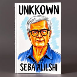 A large drawing of a man in his late 40s graces the cover, showcasing vibrant dark blue and orange colors throughout the design