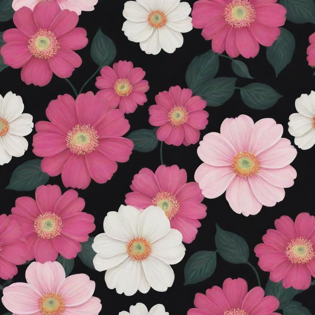 A dark background wallpaper populated with large, striking flowers in hues of pink and white.