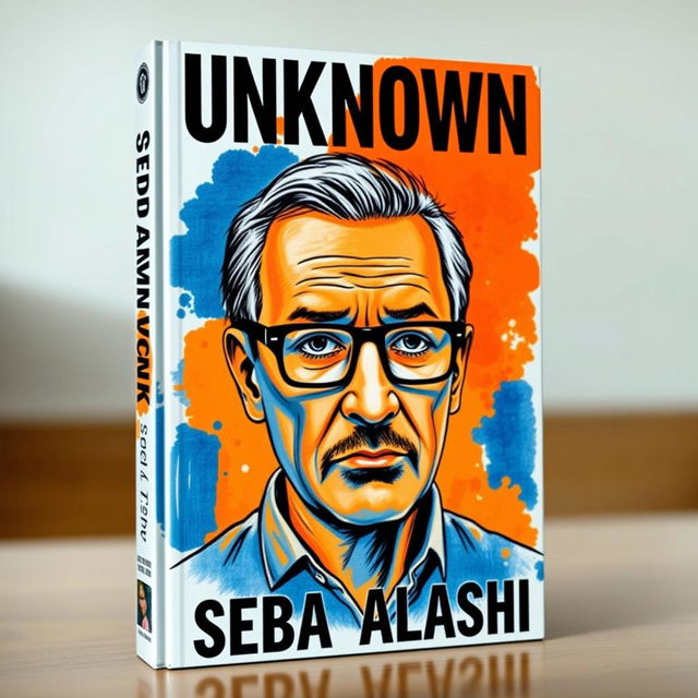 A large drawing of a man in his late 40s graces the cover, showcasing vibrant dark blue and orange colors throughout the design