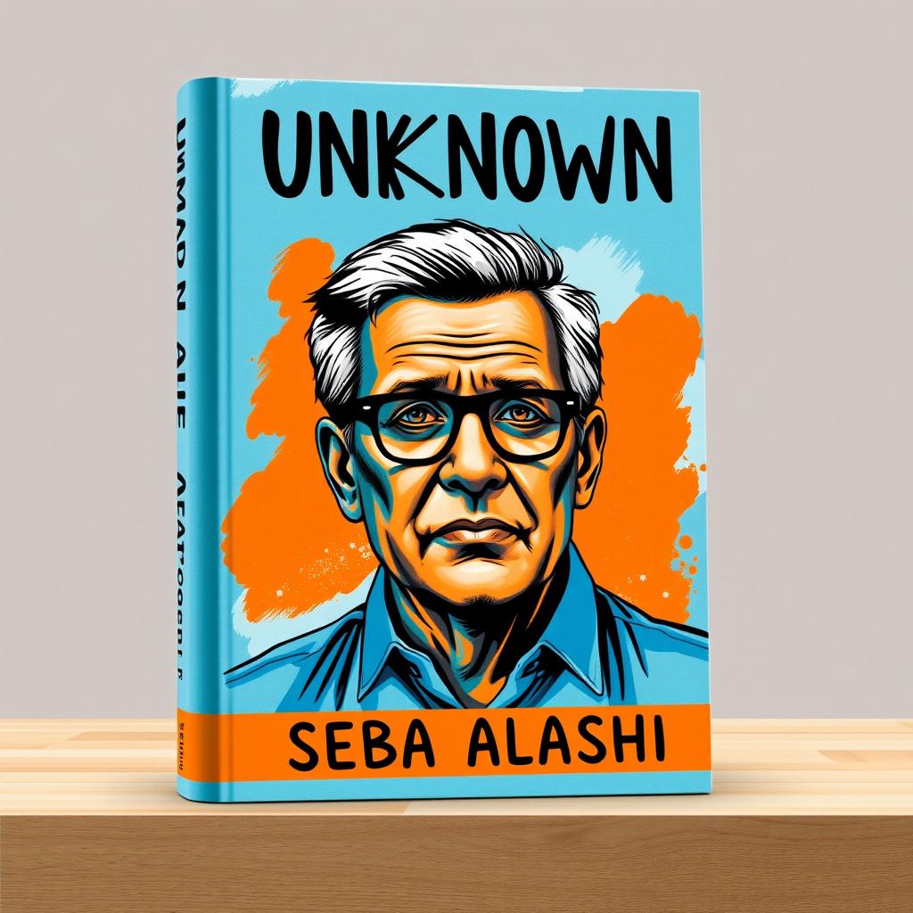 A large drawing of a man in his late 40s graces the cover, showcasing vibrant dark blue and orange colors throughout the design