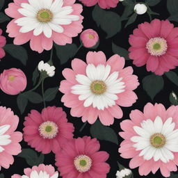 A dark background wallpaper populated with large, striking flowers in hues of pink and white.