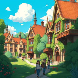 A whimsical and enchanting depiction of Victoria University buildings rendered in the signature Studio Ghibli art style