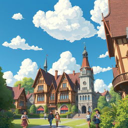 A whimsical and enchanting depiction of Victoria University buildings rendered in the signature Studio Ghibli art style