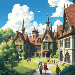 A whimsical and enchanting depiction of Victoria University buildings rendered in the signature Studio Ghibli art style