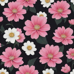 A dark background wallpaper populated with large, striking flowers in hues of pink and white.