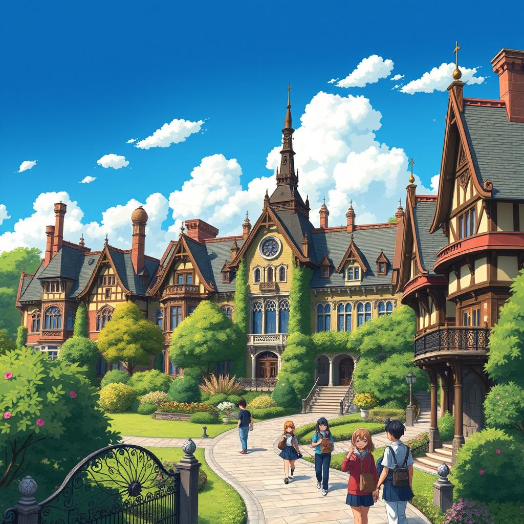 A whimsical and enchanting depiction of Victoria University buildings rendered in the signature Studio Ghibli art style