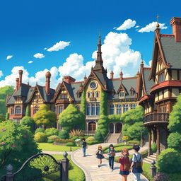 A whimsical and enchanting depiction of Victoria University buildings rendered in the signature Studio Ghibli art style