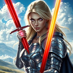 A fierce blonde woman with mesmerizing lavender eyes, clad in radiant shining armor that reflects the light beautifully