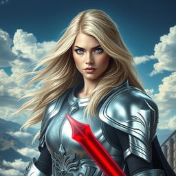 A fierce blonde woman with mesmerizing lavender eyes, clad in radiant shining armor that reflects the light beautifully
