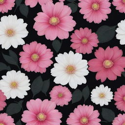 A dark background wallpaper populated with large, striking flowers in hues of pink and white.