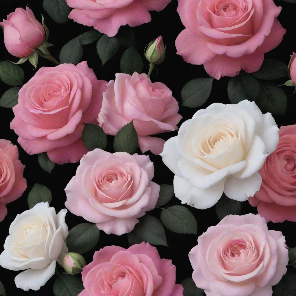 A dark background wallpaper featuring large, vibrant roses in shades of pink and white.