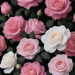 A dark background wallpaper featuring large, vibrant roses in shades of pink and white.