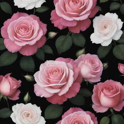 A dark background wallpaper featuring large, vibrant roses in shades of pink and white.